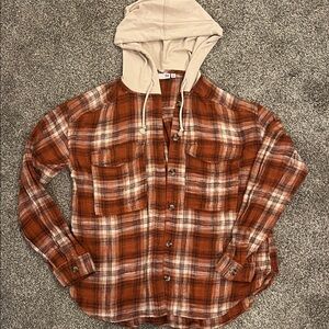 SO Red and Brown Plaid Hooded Shirt